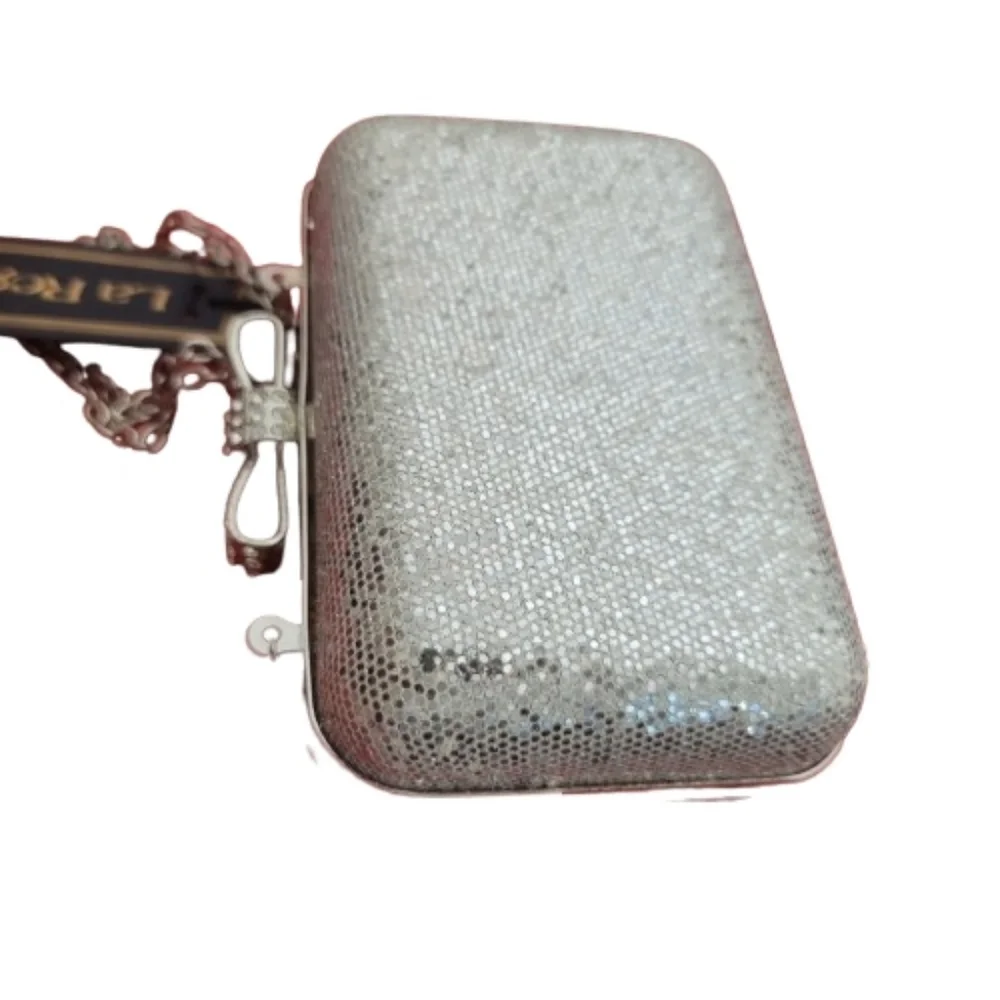 La Regale Sparkling Silver Bow Clutch Rhinestones Sequin Metallic